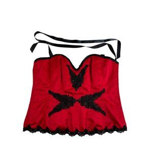 Red Satin Corset Top Black Lace Appliqué Lace-Up Back Boning Ribbon Straps Sz 42